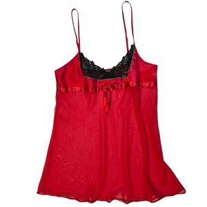 Fantasies Pajama Top Womens Large Red Mesh Black Lace Rhinestone Sleep Cami